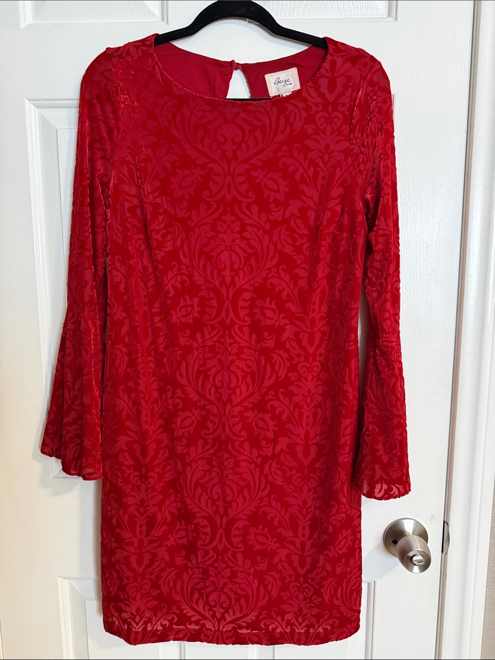 Scarlet Velvet Jacquard Shift Dress with Bell Sleeves